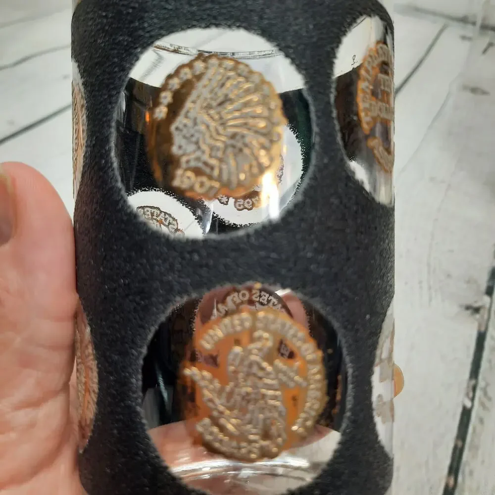 LIBBEY Coin Textured Highball Glasses Black & Gold Vintage Set of 4 Tumblers